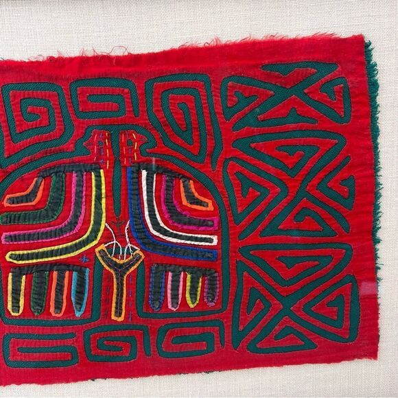 Vintage 1970s Panama Kuna Mola Indian Textile Tapestry Folk Art Two Birds Framed - Picture 5 of 11